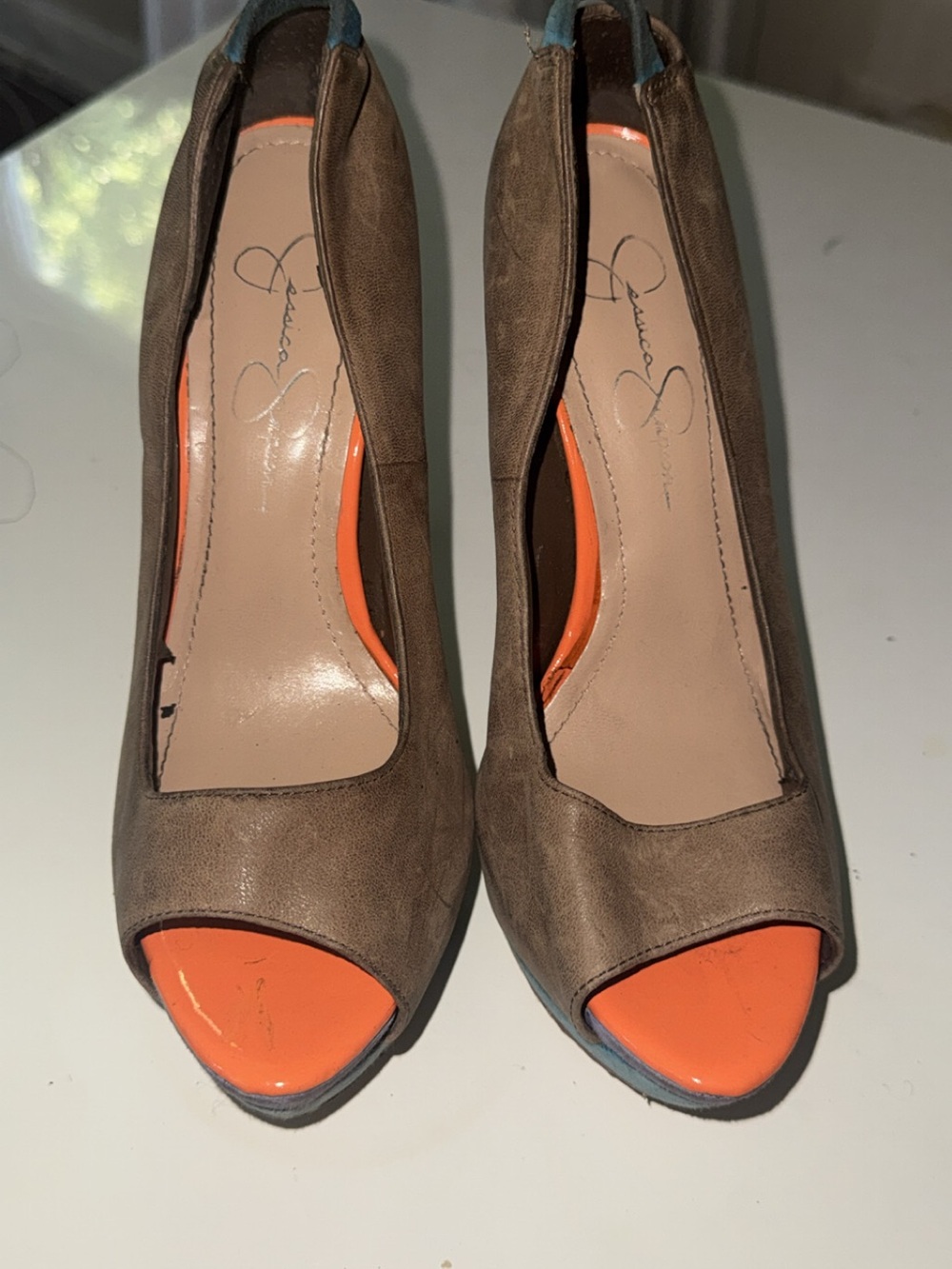 Jessica Simpson Brown Suede Peep-Toe Pumps with Orange Insole
